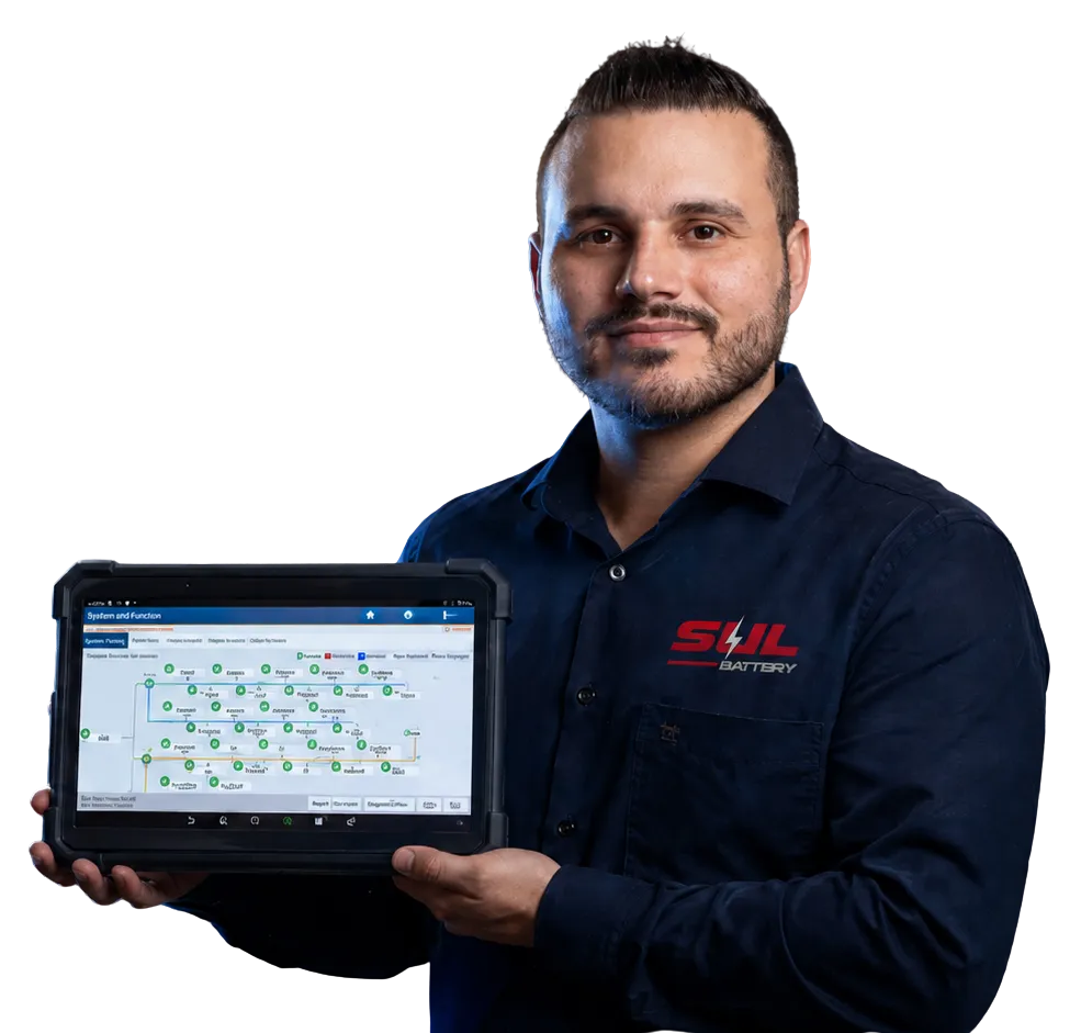 Especialista Sul Battery com scanner profissional automotivo